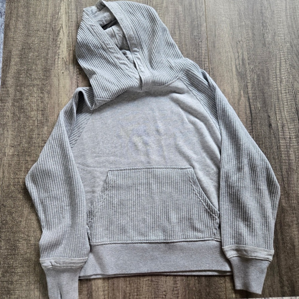 Aerie Womens Heather Gray Waffle Knit Sleeve Pullover Hoodie XS RN54485